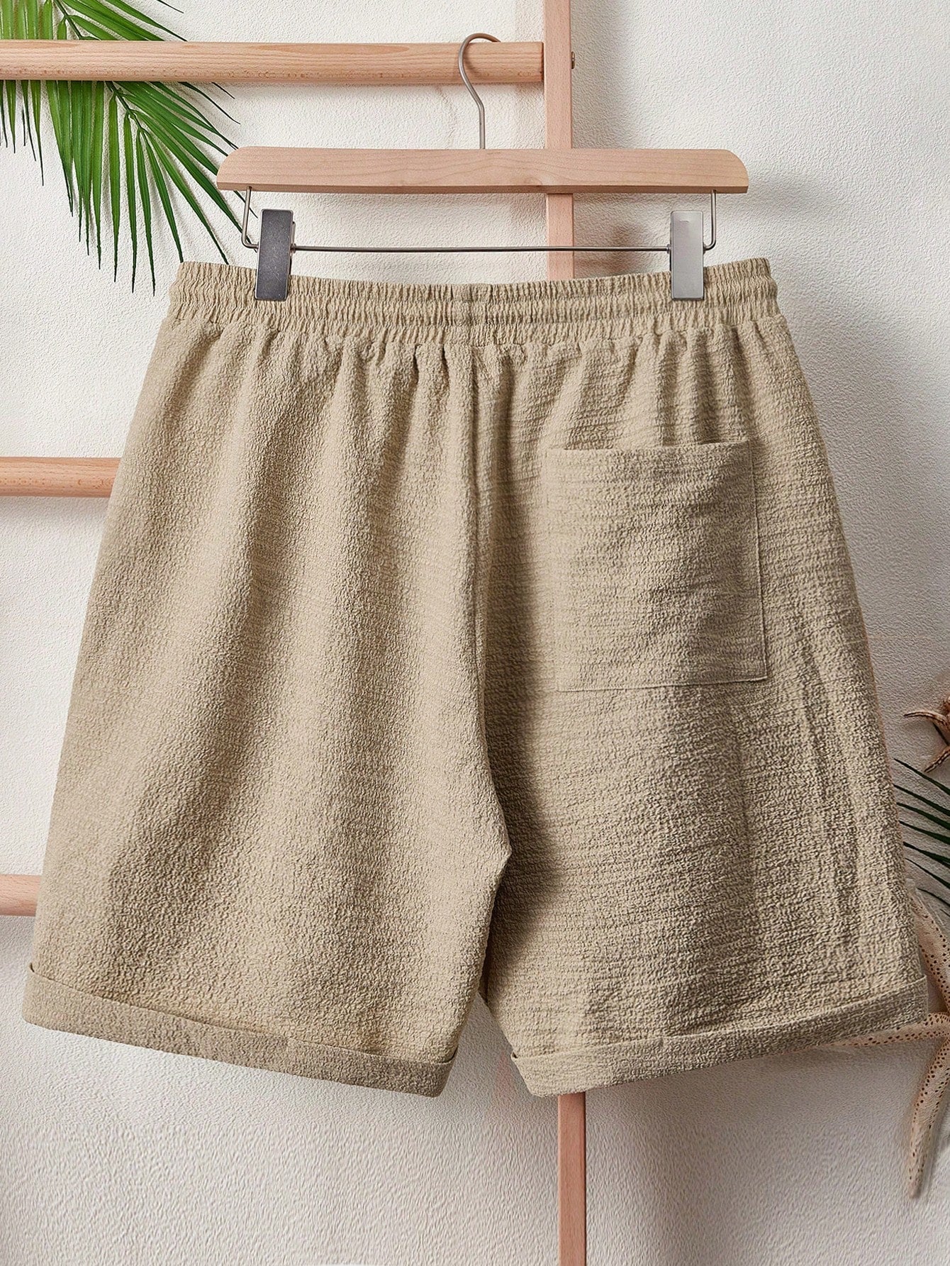 Manfinity VCAY Men Drawstring Waist Slant Pocket Shorts Baggy Board Linen Cool Plain Khaki Vacation Boho Khaki