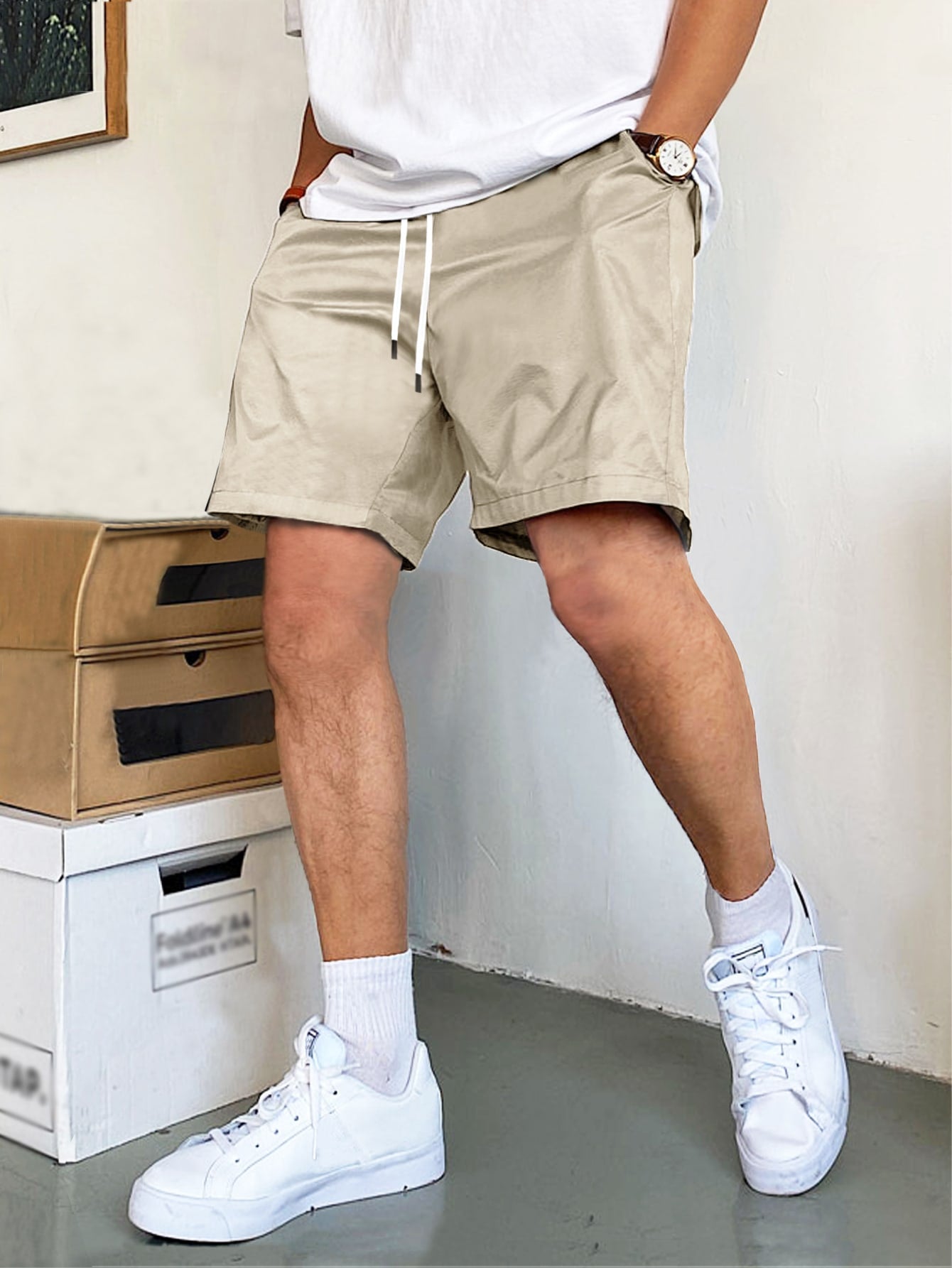 Manfinity Hypemode Loose Fit Men's Shorts With Slant Pockets And Drawstring Waist Khaki