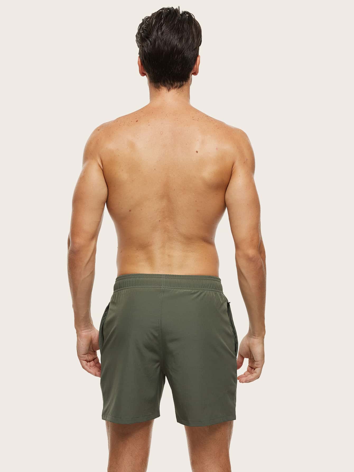 Manfinity Swimmode Men Zip Pocket Drawstring Waist Swim Trunks Army Green