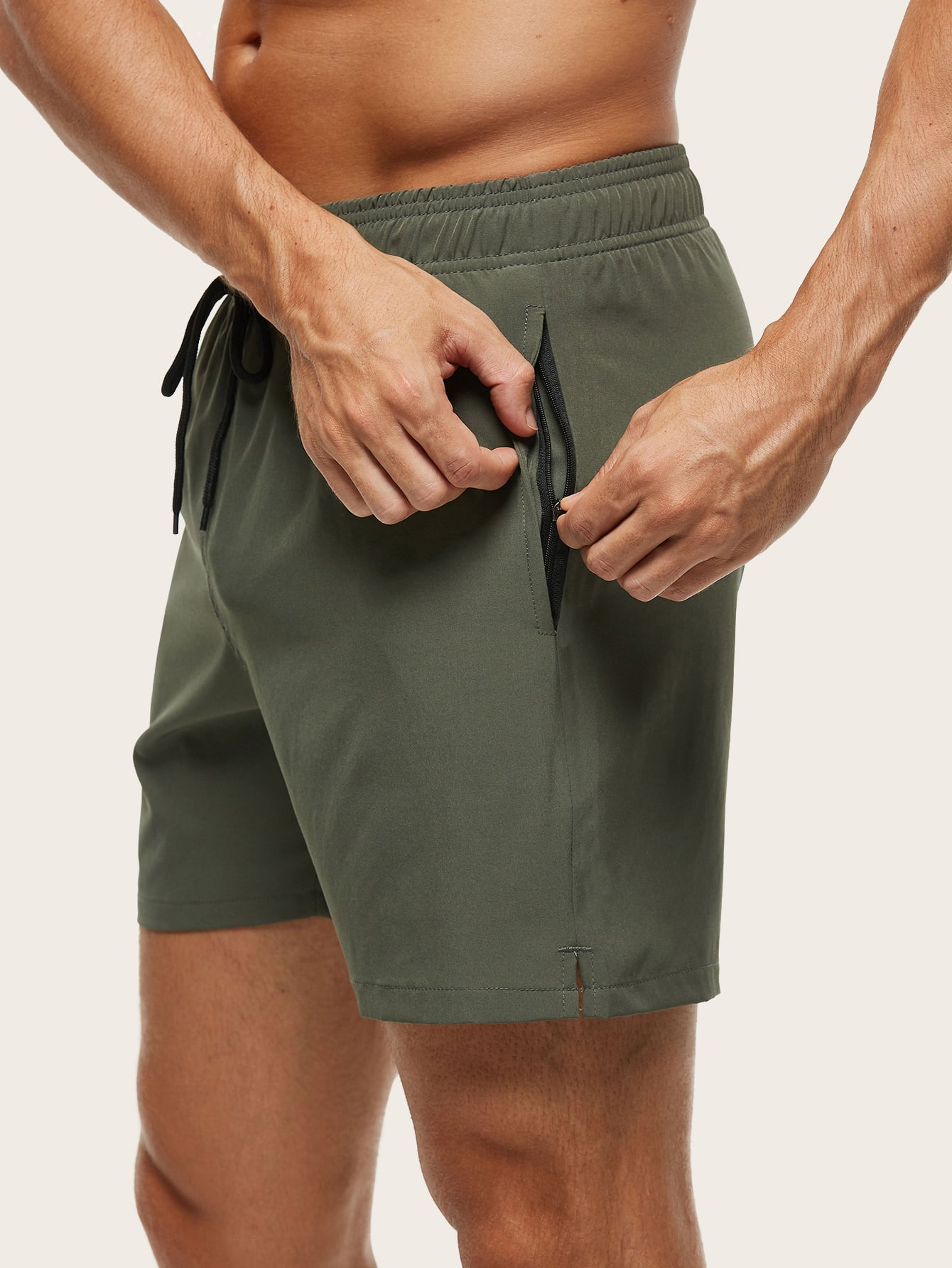 Manfinity Swimmode Men Zip Pocket Drawstring Waist Swim Trunks Army Green