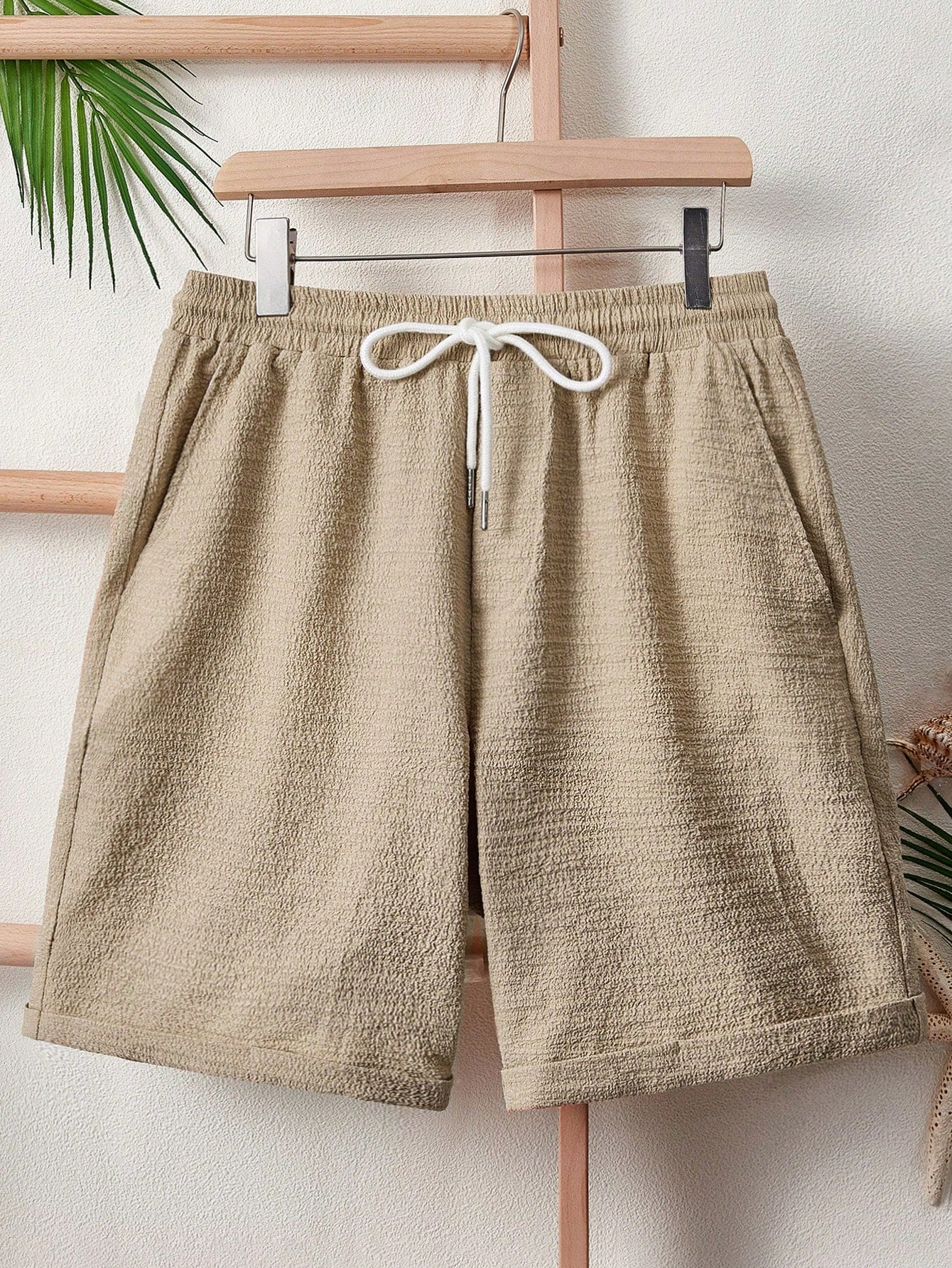 Manfinity VCAY Men Drawstring Waist Slant Pocket Shorts Baggy Board Linen Cool Plain Khaki Vacation Boho Khaki