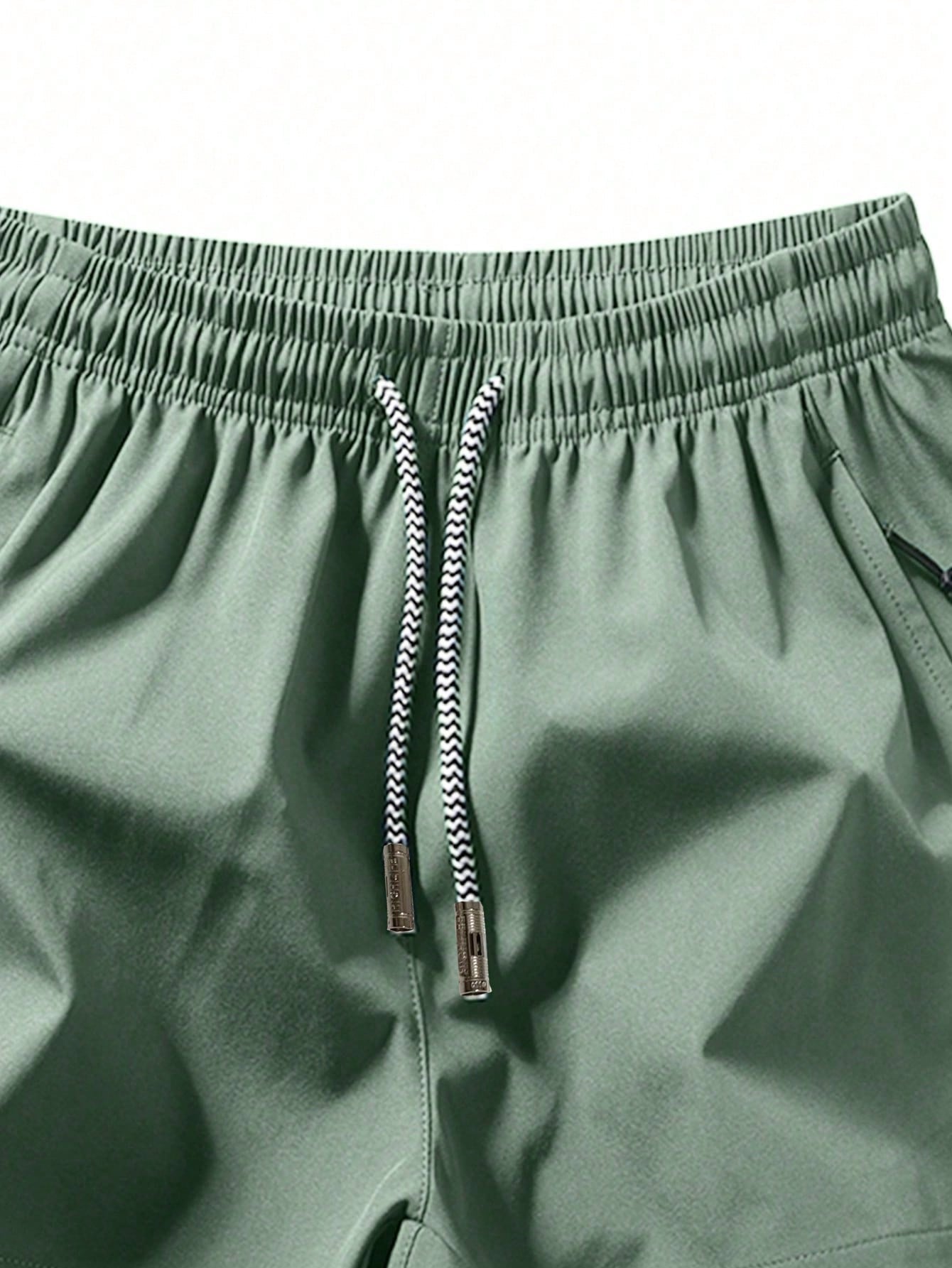 Men Drawstring Waist Shorts Dark Green