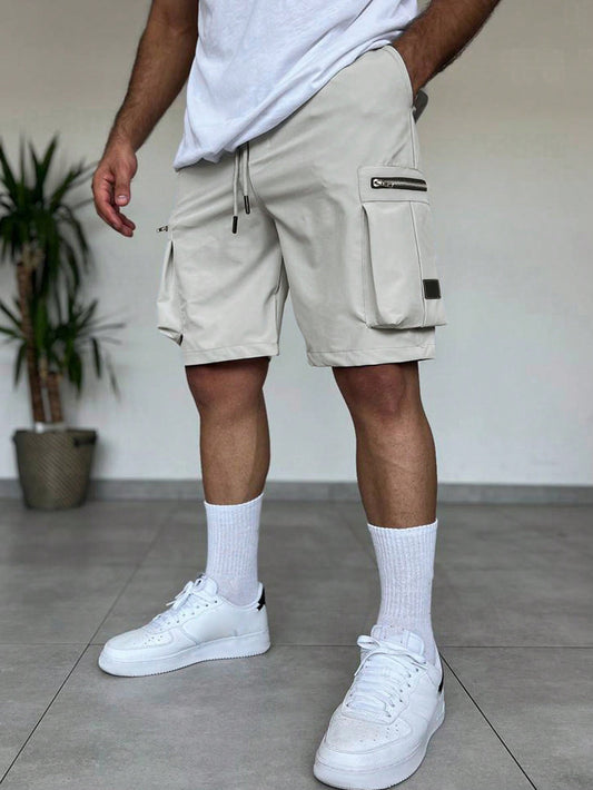 Manfinity EMRG Men's Zipper Design Drawstring Waist Summer Shorts Cargo Plain Cream Street Wear Light Grey