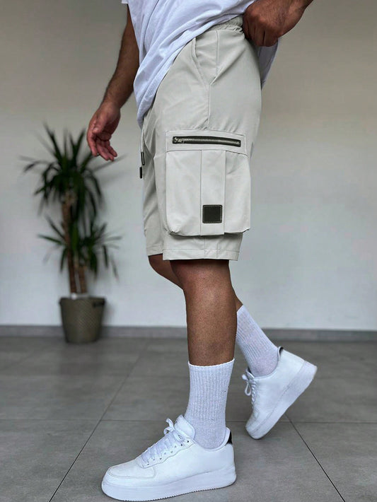 Manfinity EMRG Men's Zipper Design Drawstring Waist Summer Shorts Cargo Plain Cream Street Wear Light Grey