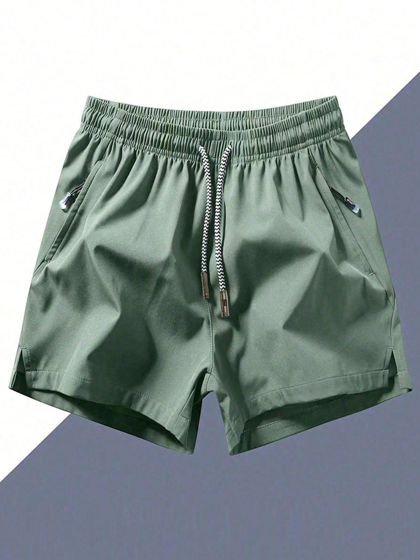 Men Drawstring Waist Shorts Dark Green