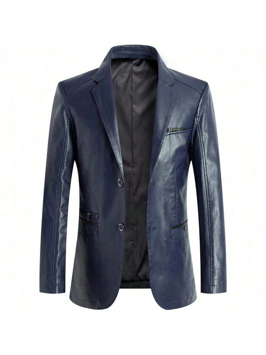Men's Regular Fit Button Down Lined Business Leather Jacket Blazer With Pockets Navy